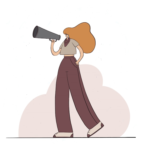 スピーカーを持って話している女の子 メガホンで叫んでいる女性キャラクター 女性の力 活動家 抗議 フラット漫画イラスト プレミアムベクター