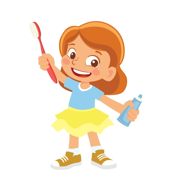 Premium Vector | Girl holding a toothbrush and toothpaste