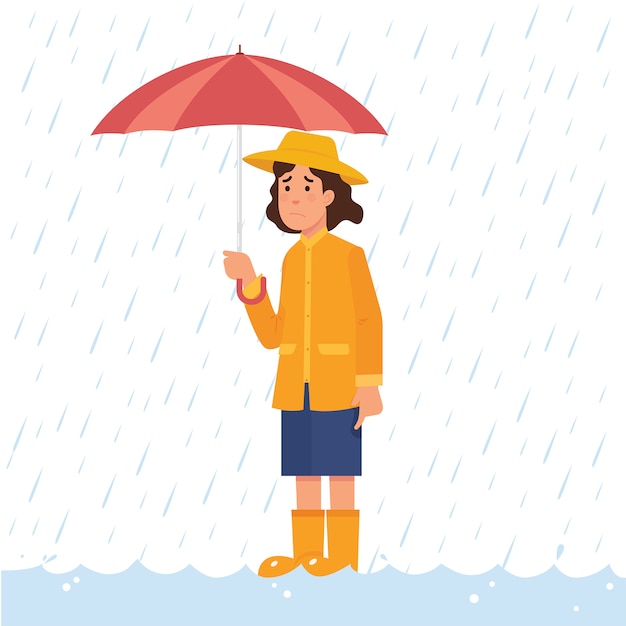 Premium Vector | Girl holding umbrella in heavy rain and flood