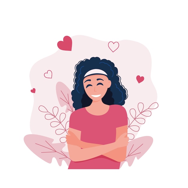 Premium Vector | The girl hugs herself, loving herself. vector ...