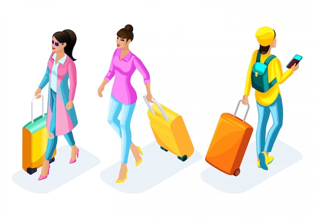 スーツケースとピンクのコートの女の子 明るい服の女の子 スーツケースと空港で創造的なヘアドレス 明るい服で内気な少女 プレミアムベクター
