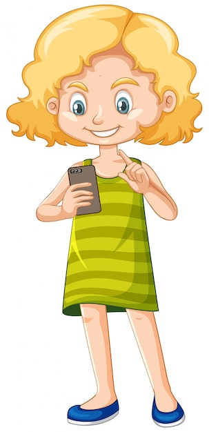 白い背景の上のスマートフォンの漫画のキャラクターを使用して緑のシャツの女の子 無料のベクター