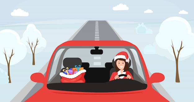 イラストを運転してサンタ帽子の少女 プレゼントと大きな袋で自動車の前部座席に座っているクリスマスの衣装の女性 お祝いのxマス服 冬の雪道で女性ドライバーキャラクター プレミアムベクター