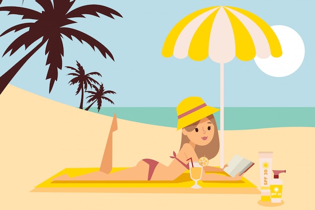 女の子は傘の下でビーチで休んで 本 帽子 ビーチショア オーシャンフロント サンクリーム Spf 10 30 フルーツカクテル フラットのイラストを読みます プレミアムベクター