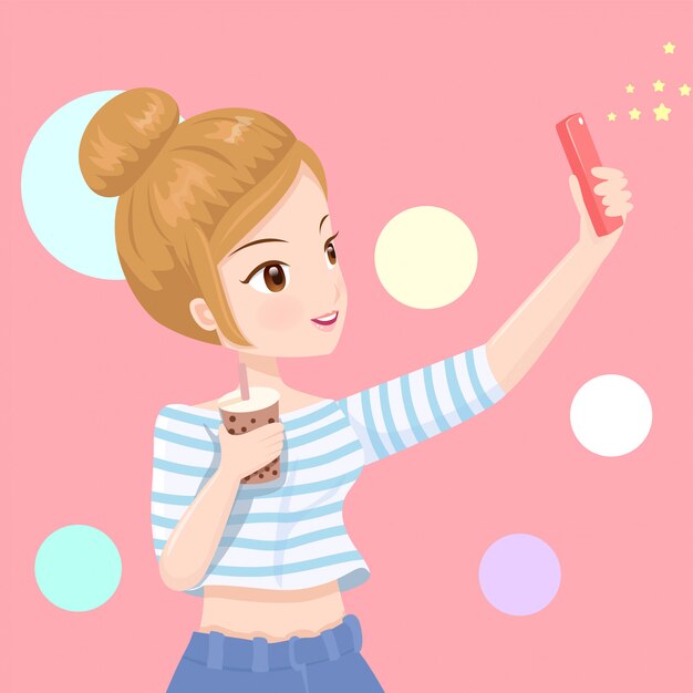 Premium Vector The Girl Is Taking A Selfie 