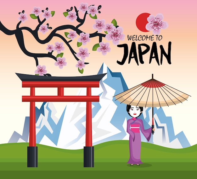 Premium Vector | Girl japanese kimono welcome japan icon