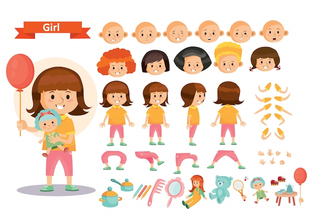 Girl kid playing toys cartoon child character constructor isolated icons of body parts Premium Vector Girl kid playing toys cartoon child character constructor isolated icons of body parts Premium Vector