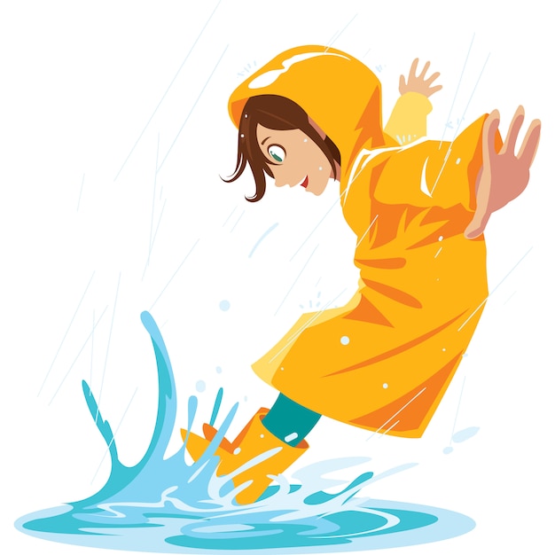 Premium Vector | Girl like to stomp in rain puddles in the rainy season.