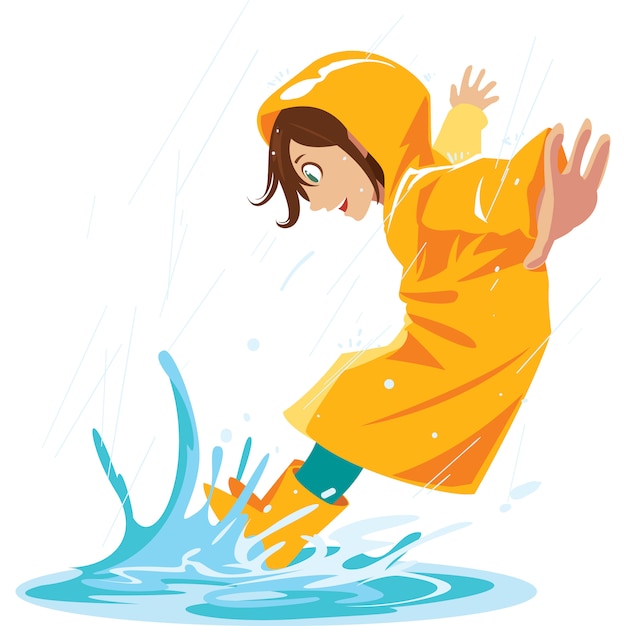 雨季には雨の水たまりに踏みつけるのが好きな女の子 プレミアムベクター