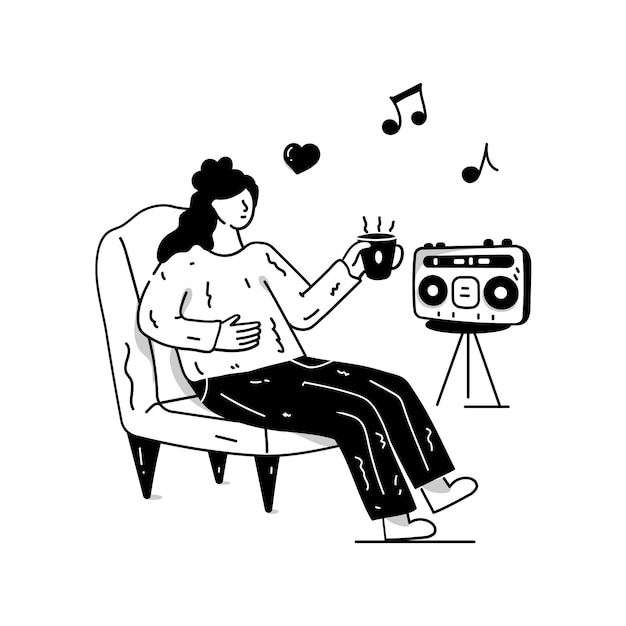 Premium Vector | Girl listening music on stereo hand drawn illustration