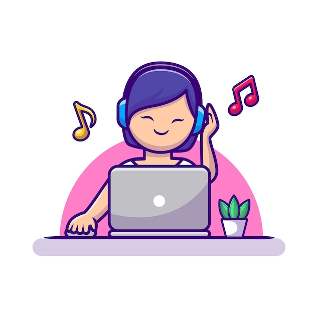 ヘッドフォンとラップトップの漫画のベクトルアイコンイラストで音楽を聴いている女の子 人々の技術アイコンコンセプト分離プレミアムベクトル フラット漫画スタイル プレミアムベクター
