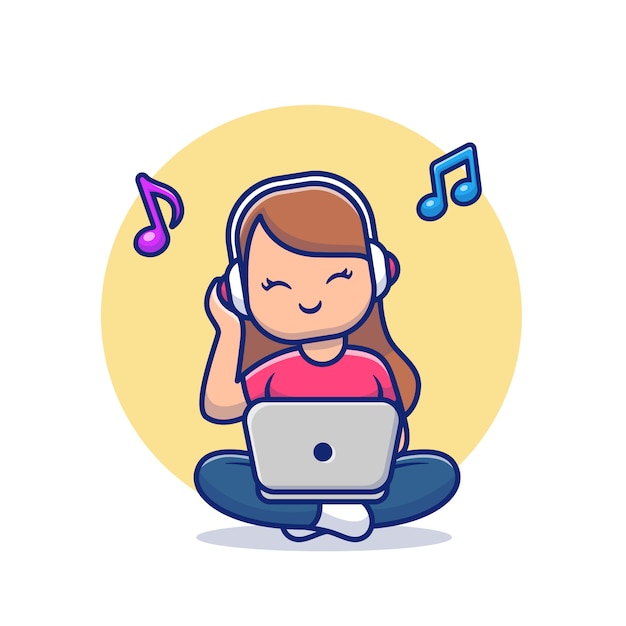 Premium Vector | Girl listening music with headphone and laptop cartoon ...