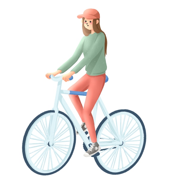 自転車の女の子の簡単な手描きイラスト プレミアムベクター
