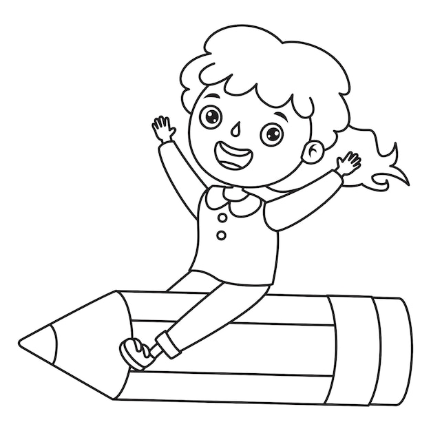 大きな鉛筆の女の子 子供のための線画ぬりえページ プレミアムベクター