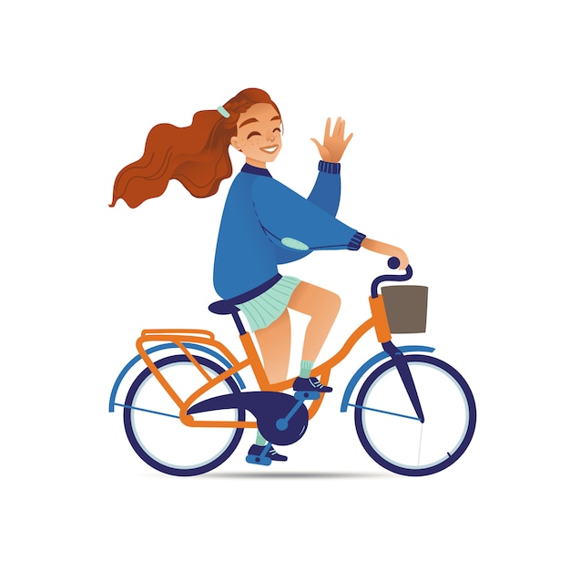 分離された自転車や自転車のフラット漫画イラストに女の子や女性の乗り物 プレミアムベクター
