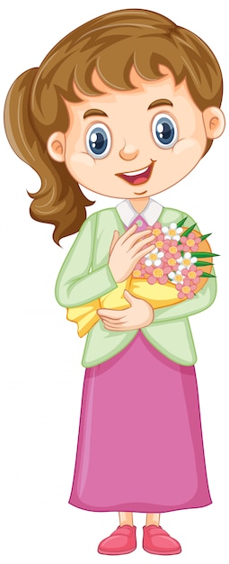 Free Vector | Girl in pink skirt holding flowers on white