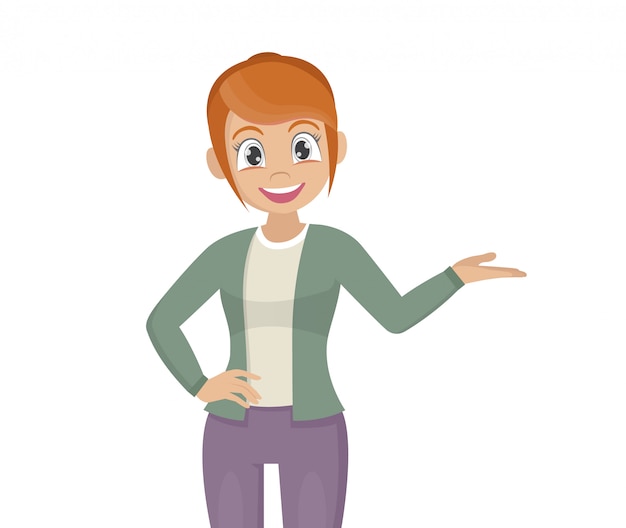 Premium Vector Girl Pointing Hand To Introduce Something Woman Presenting Hand To Copy Space