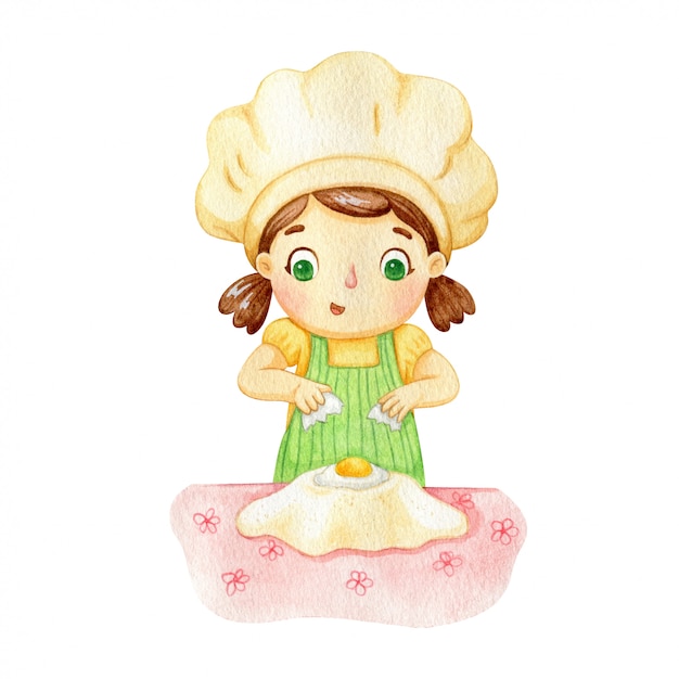 小麦粉で生地を準備する女の子 パン屋の水彩イラスト プレミアムベクター