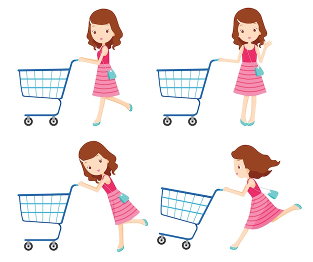 Premium Vector Girl pushing empty shopping carts with various actions set