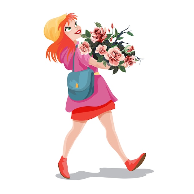 Premium Vector Girl In Red Hair Walks And Carries A Huge Bouquet Of Flowers In Her Hands