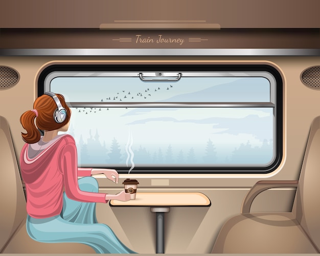 Premium Vector | Girl rides a train and looks out the window