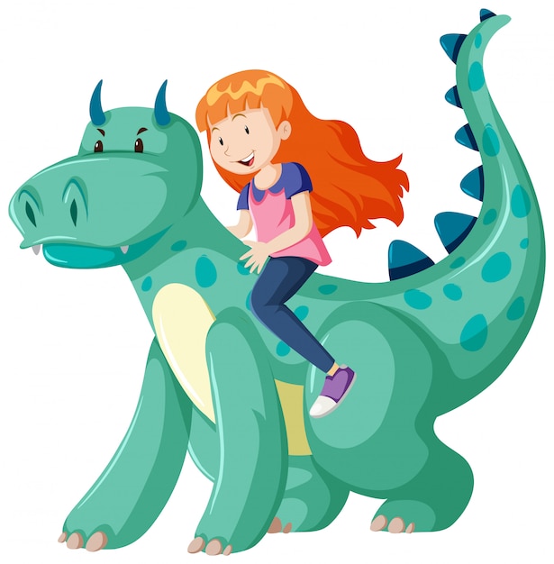 白い背景で隔離の恐竜の漫画のキャラクターに乗っている女の子 無料のベクター