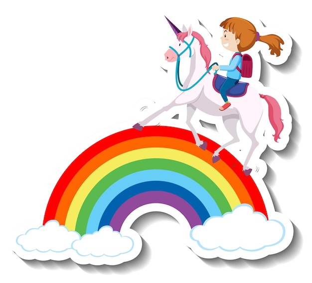 Free Vector A Girl Riding Unicorn On The Rainbow