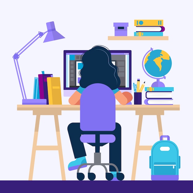 Girl Sitting At The Desk Learning With Computer Premium Vector