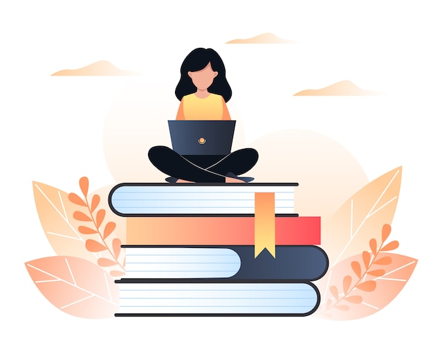 Premium Vector | Girl sitting with laptop on books, online education ...