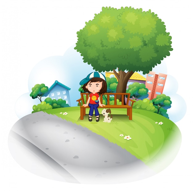 Premium Vector | A girl sitting at the wooden bench near the big tree