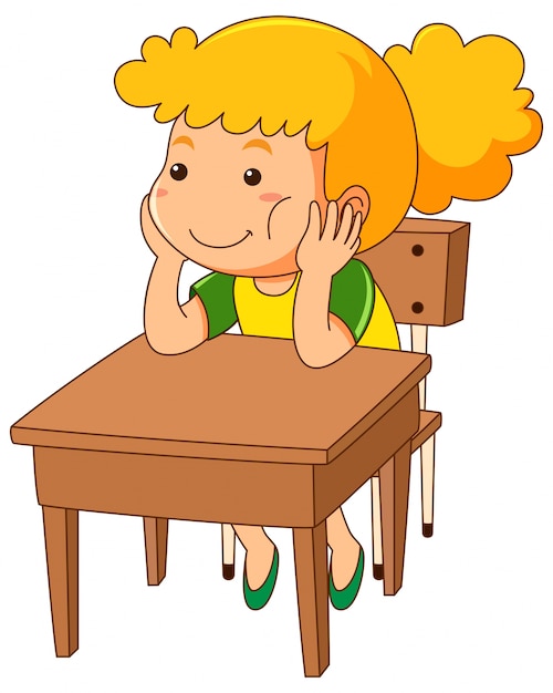 Girl Sitting On Wooden Desk Free Vector