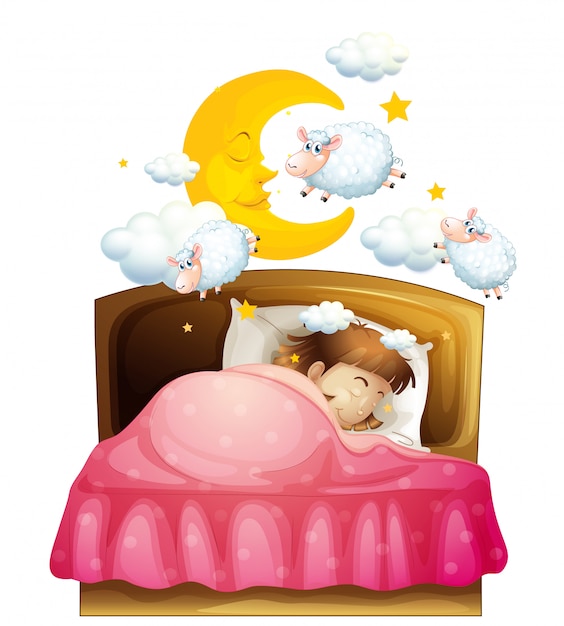 羊を夢見てベッドで寝ている女の子 無料のベクター