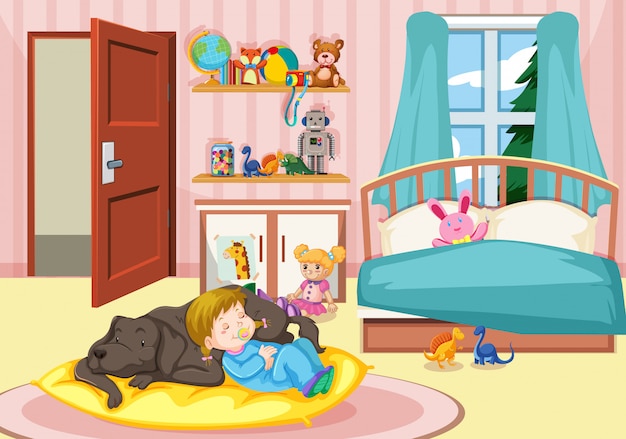 無料のベクター 寝室で犬と一緒に寝ている女の子