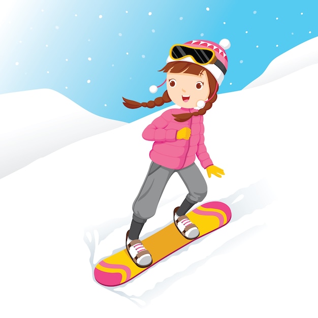 女の子のスノーボード 降雪 冬のシーズン プレミアムベクター