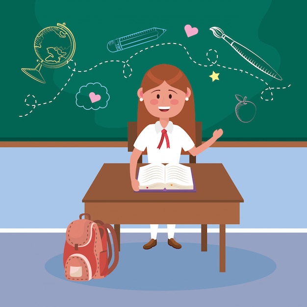 Girl Student In The Desk With Book And Backpack Free Vector