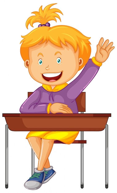 Girl Student Sit On The School Desk Free Vector