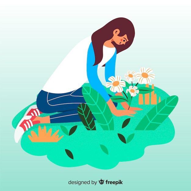 Free Vector | Girl taking care of plants