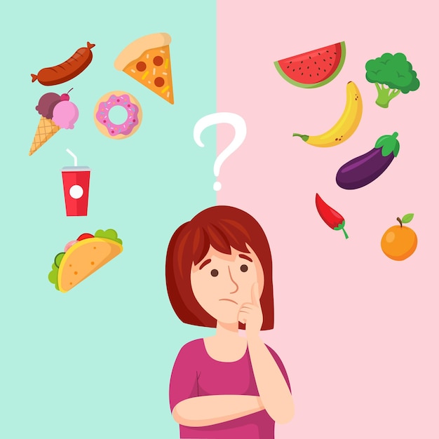 Girl Thinking About Healthy And Fast Food | Free Vector