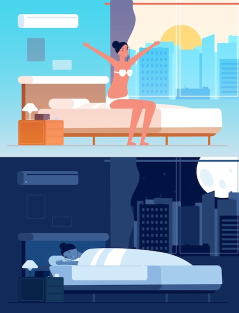 女の子が目を覚ます ベッドの朝起きている漫画のキャラクターで眠っている女性キャラクター 寝室のイラストで寝て朝起きる女性 プレミアムベクター