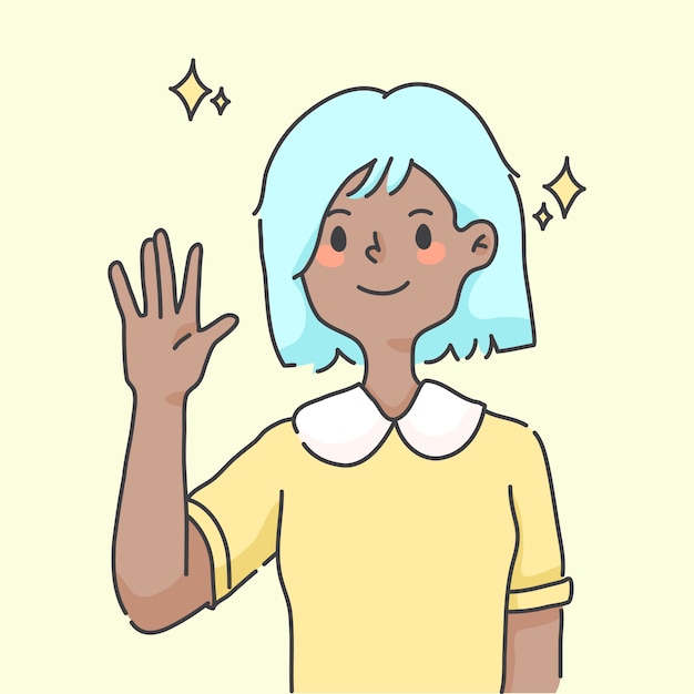 かわいい人のイラストを挨拶の手を振っている女の子 プレミアムベクター