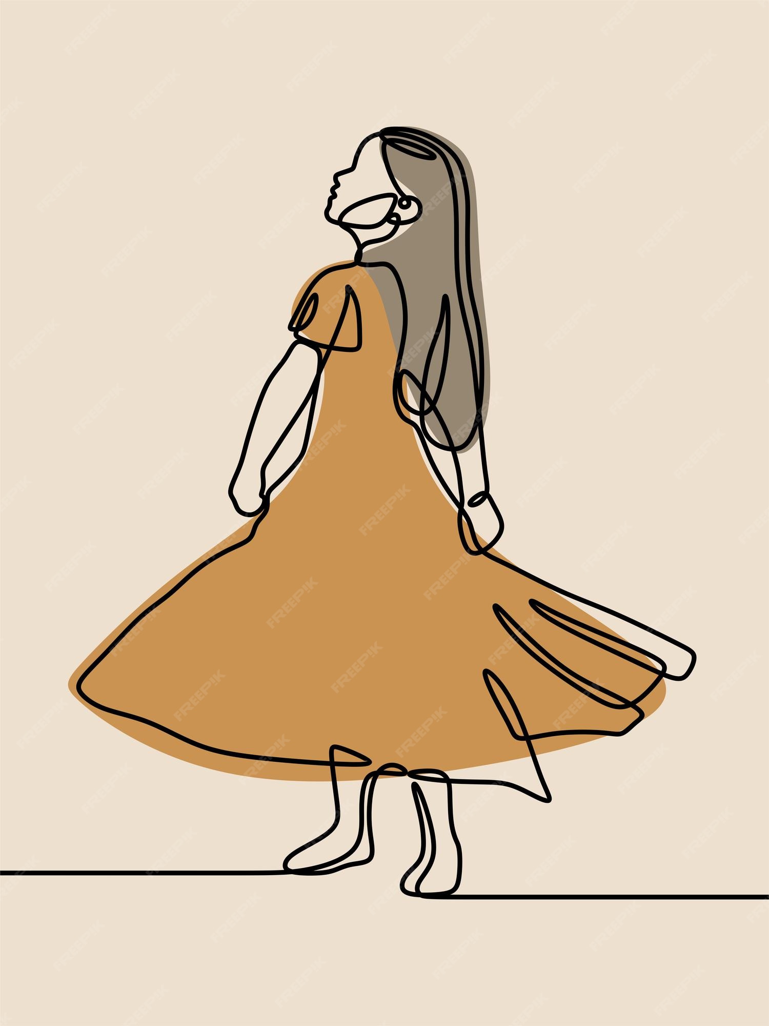 Premium Vector | Girl wearing dress oneline continuous line art