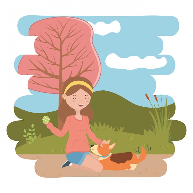 Girl with dog of cartoon Free Vector