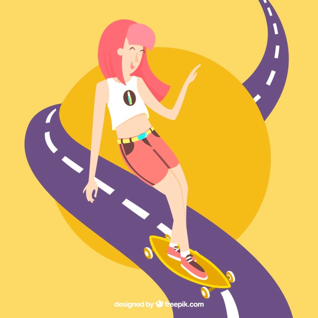 Girl with her skateboard on the road