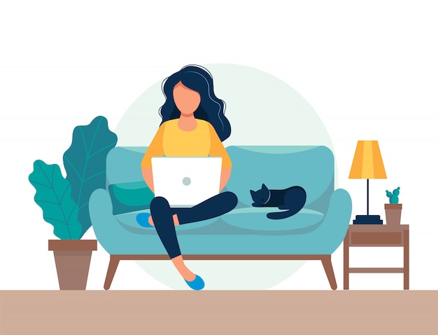 Girl with laptop sitting on the chair. freelance or studying concept. Premium Vector