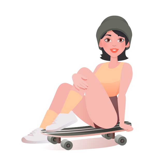 スケートボードの女の子 若い幸せな女性はクールなスケートボードに座っています エクストリームスポーツまたはアーバンアクティブコンセプト ベクトルイラスト プレミアムベクター