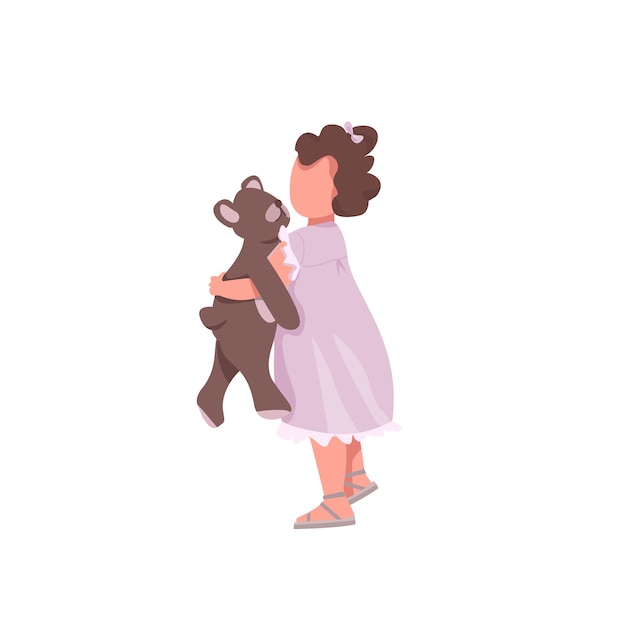 プレミアムベクター おもちゃの色の顔のない文字を持つ少女 小さな子供はクマのぬいぐるみを抱きしめます かわいい未就学児 人形の漫画イラスト とアニメーションで遊ぶ幼児