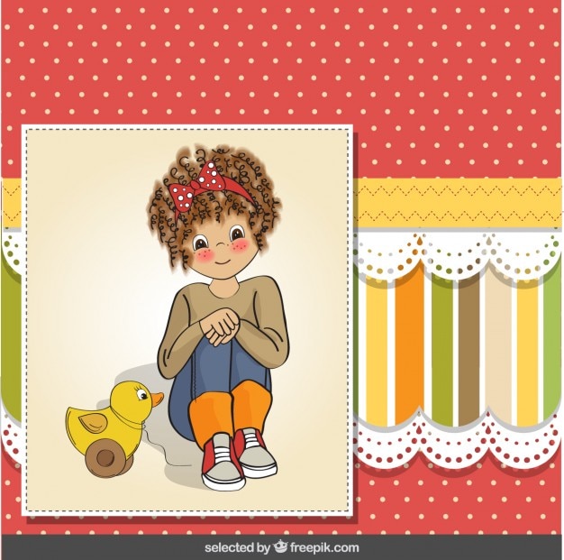 Girl with toy duck on scrapbook\
background