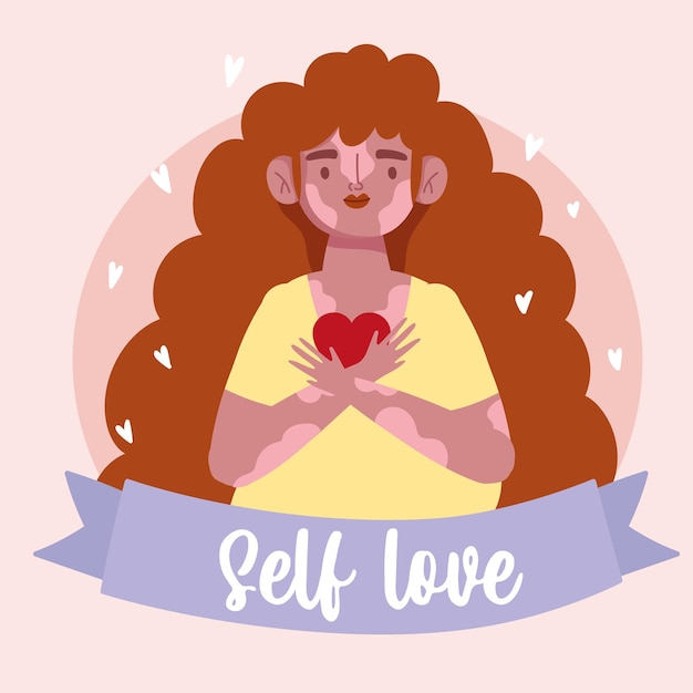 Premium Vector | Girl with vitiligo holds heart cartoon character self ...