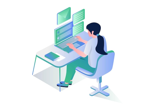 Premium Vector | Girl working at computer sending email