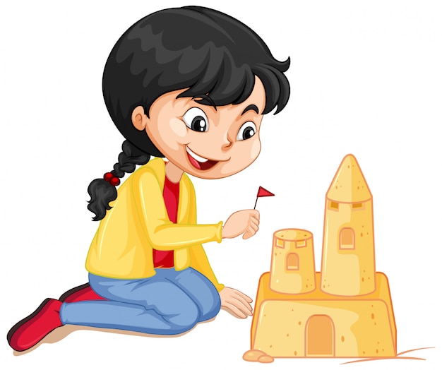 Free Vector | Girl in yellow jacket making sandcastle on white